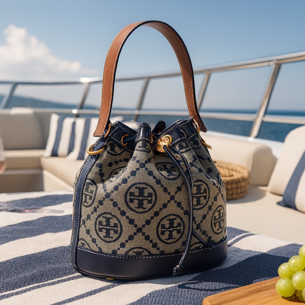 NEW Tory Burch Tory T Monogram Navy Jacquard  Bucket Tote/Crossbody Bag